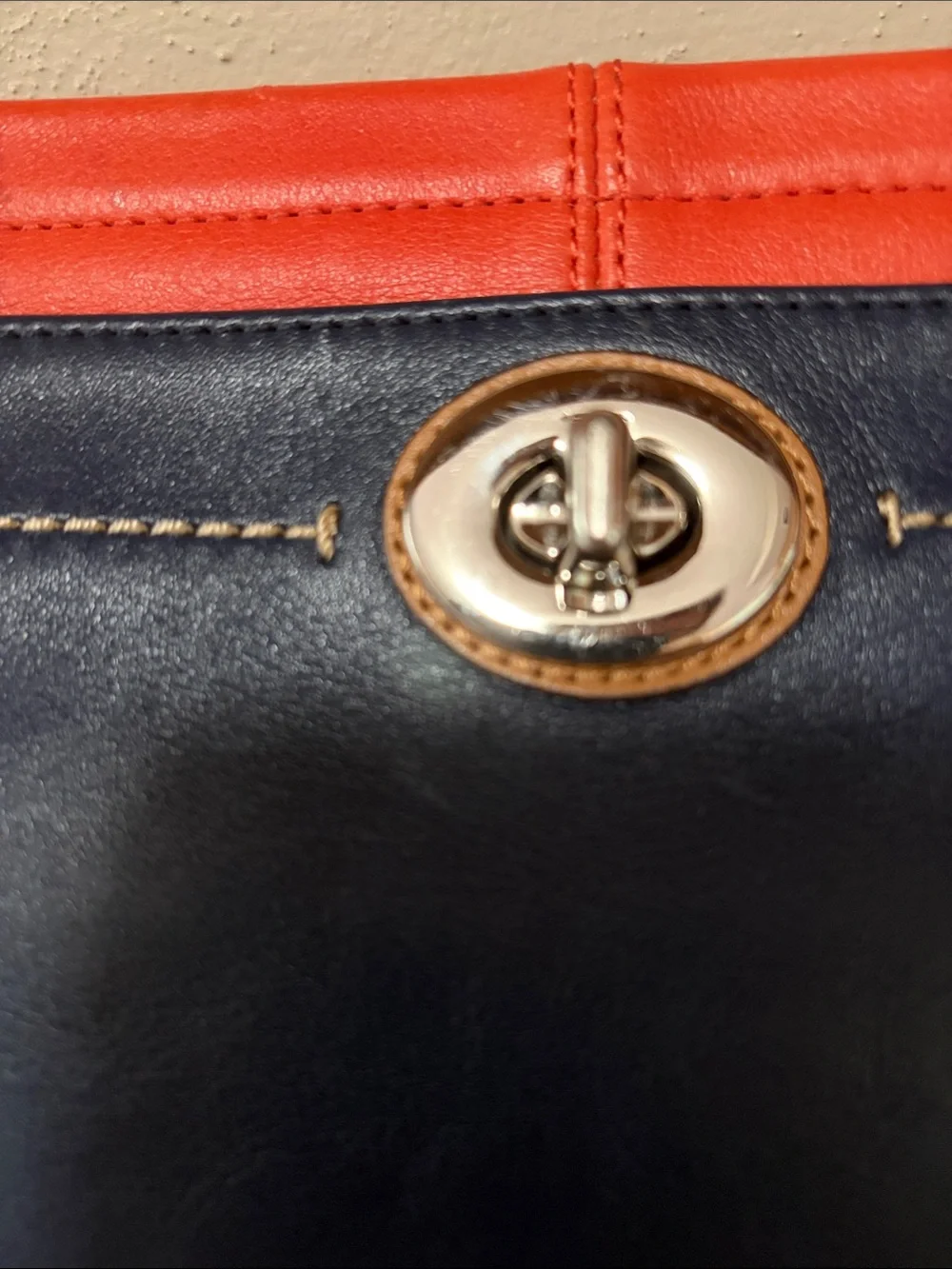 Coach Colorblock Leather Wristlet in Navy, Coral & Tan